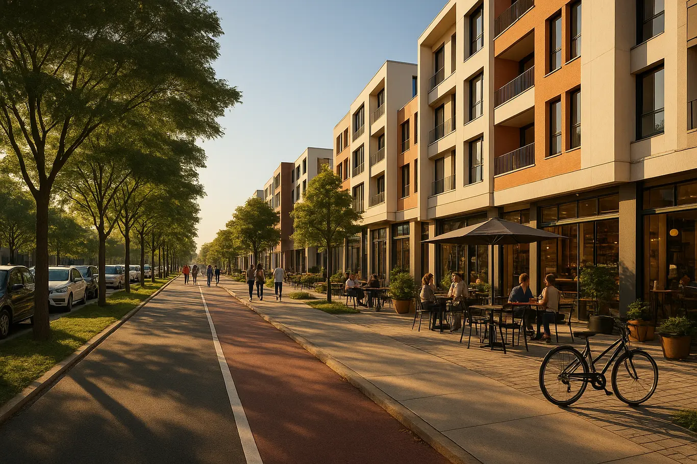 Avenida residencial ampla com ciclovia, cafés e moradores desfocados no bairro de Brasília.