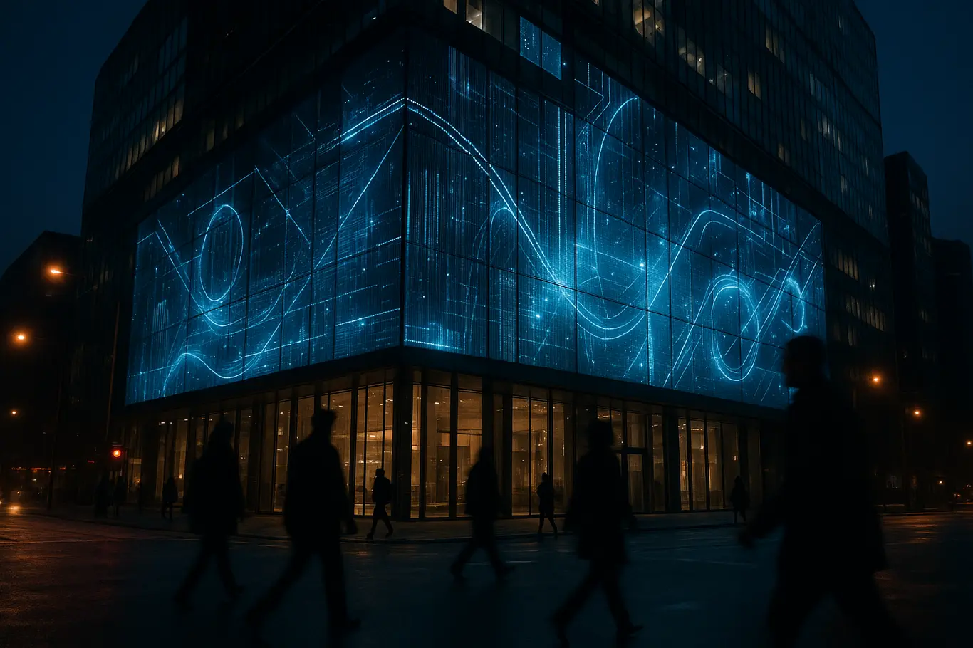 Fachada moderna de banco digital em vidro com painéis luminosos abstratos ao entardecer