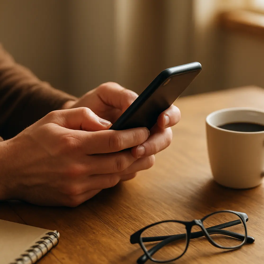 Mãos usando smartphone sobre mesa com café e caderno, cena cotidiana de banco digital