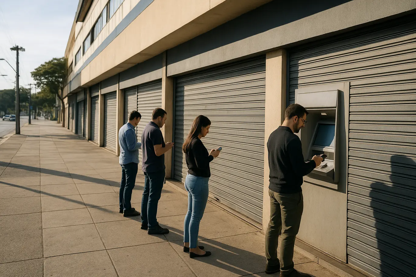 Fila de pessoas de perfil em caixas eletrônicos externos diante de agências com portas fechadas em Brasília