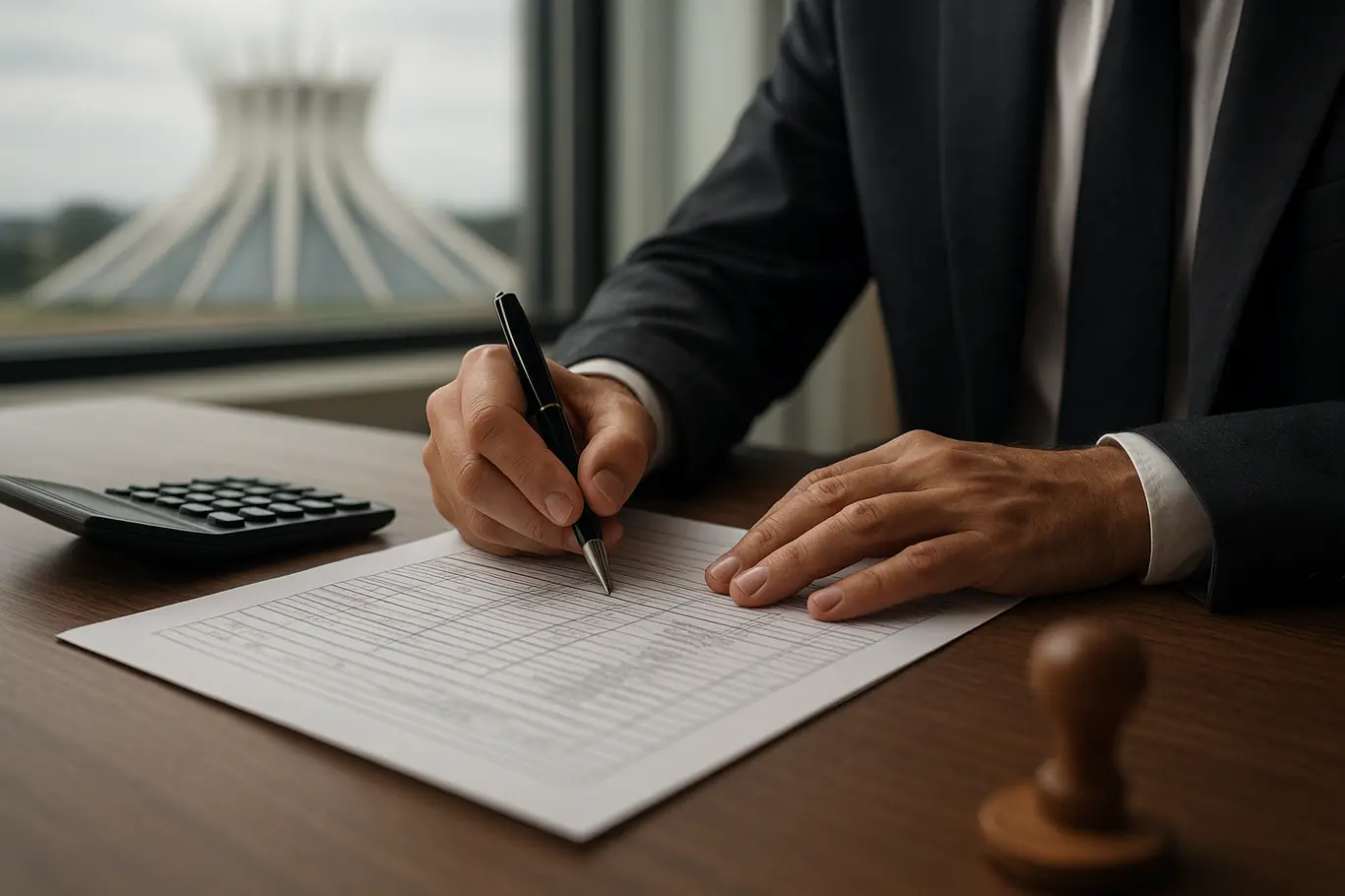 Close-up de mãos assinando documentos financeiros com calculadora ao lado