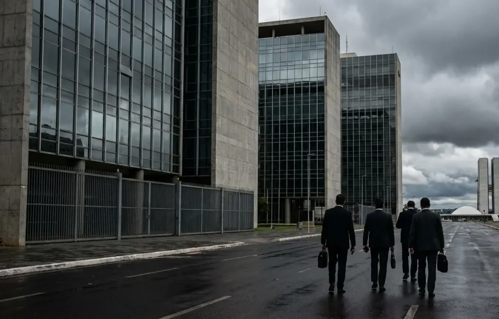 Esplanada dos Ministérios com prédios bancários e executivos de costas em primeiro plano