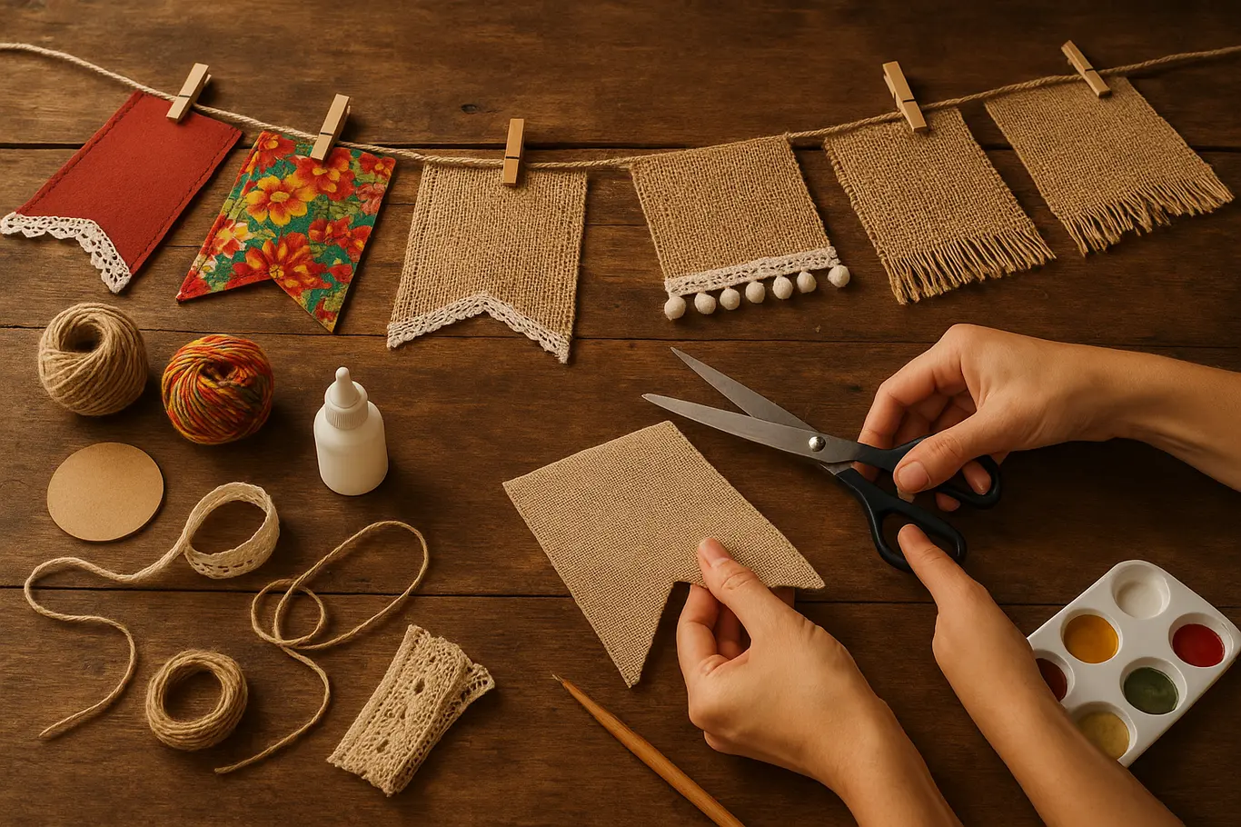 Sequência de bandeirinhas de festa junina sobre mesa com mãos cortando e decorando materiais de artesanato