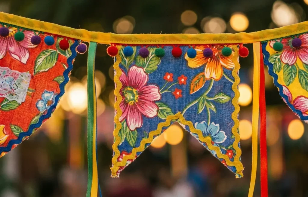 Bandeira de festa junina: ideias fáceis e resistentes para varais Close-up de bandeira de festa junina artesanal colorida com chita, pompons e fitas, iluminada ao entardecer