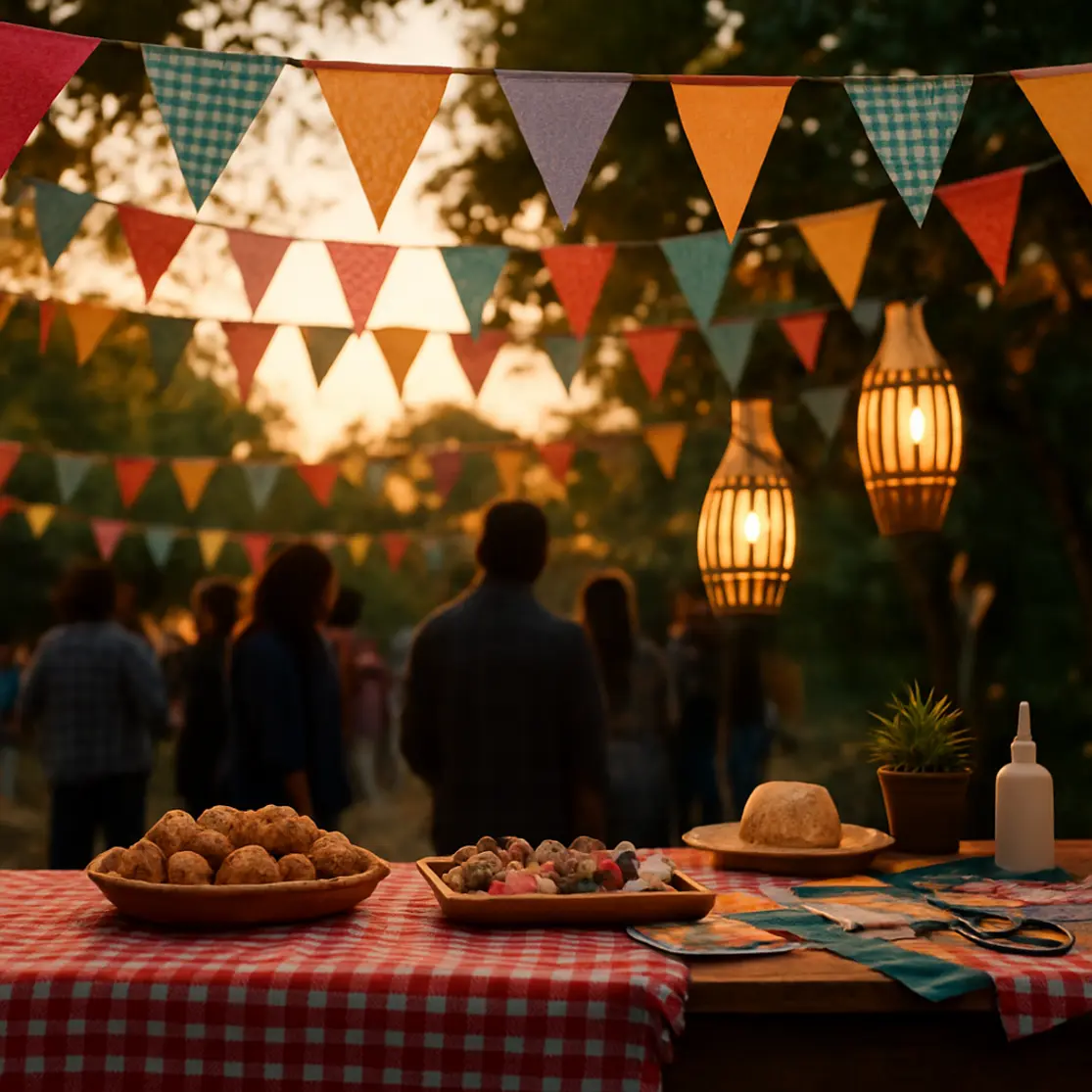 Ambiente de festa junina com bandeirinhas penduradas, mesa decorada e estação de customização ao fundo