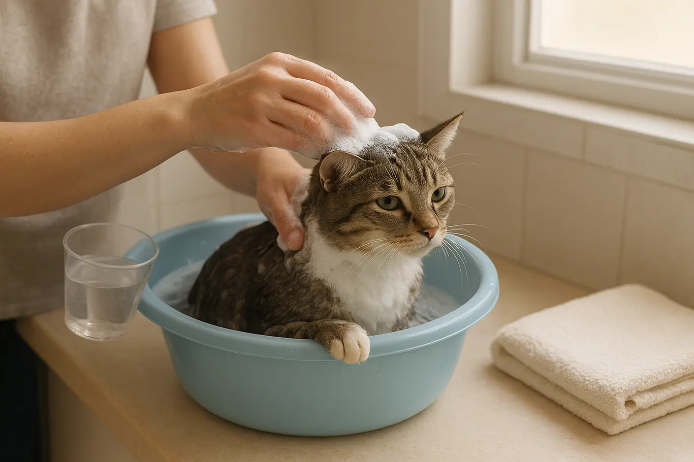 Banho de gato em banheira plástica no banheiro, mãos enxaguando o pelo com espuma