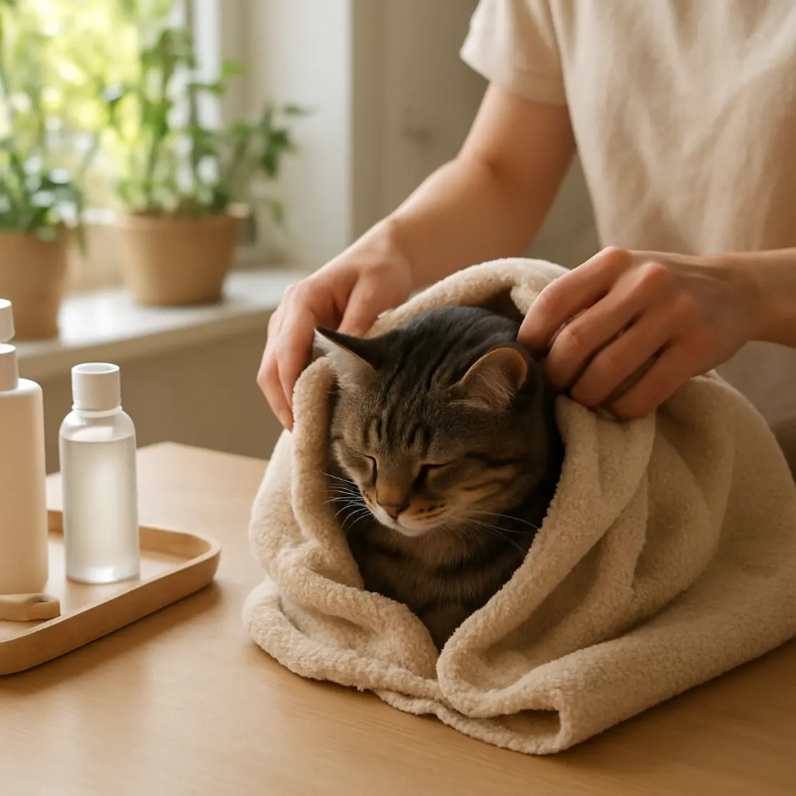 Gato enrolado em toalha no balcão após o banho, com produtos e secagem ao lado
