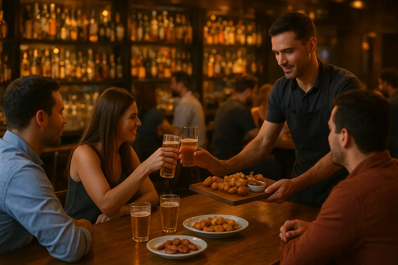 Balcão de bar em Brasília com clientes de costas brindando e garçom servindo petiscos