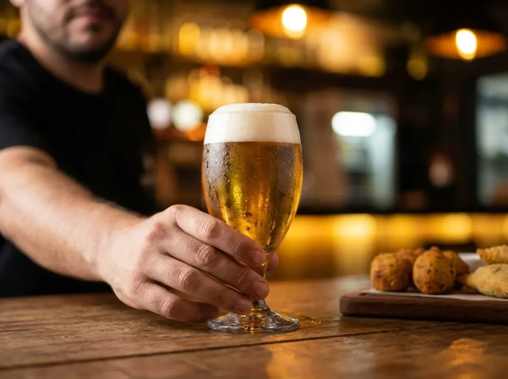 Close-up de copo de cerveja gelada e tábua de petiscos em mesa de bar em Brasília, luzes quentes ao fundo