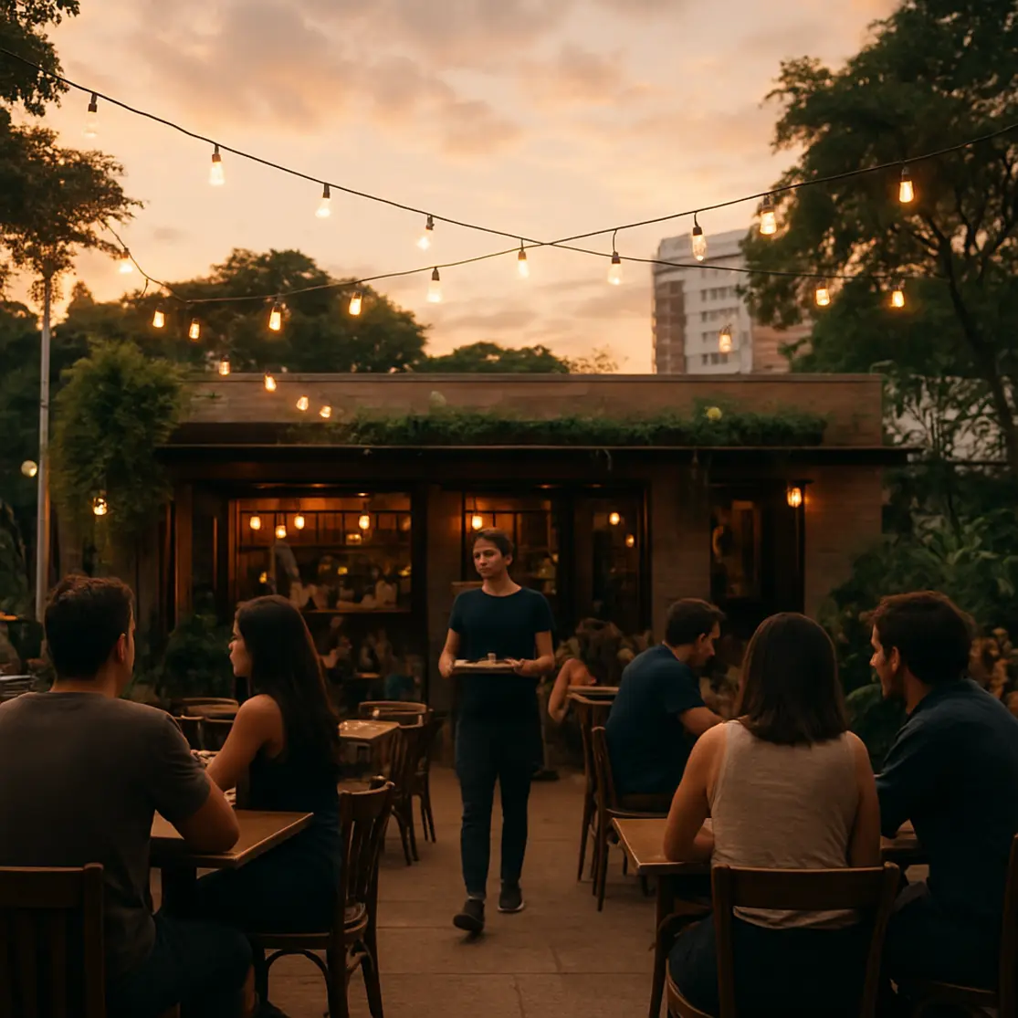 Área externa de bar em Brasília ao entardecer com mesas, luzes de cordão e clientes de costas