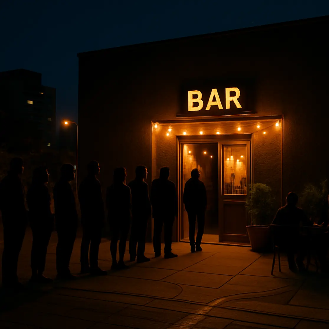 Fachada discreta do bar secreto em Brasília à noite, com fila de pessoas em silhueta e luzes corda criando atmosfera acolhedora.
