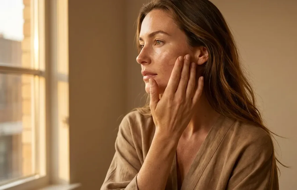 Mulher em 3/4 com pele luminosa e maquiagem de baixa cobertura, luz quente e fundo neutro