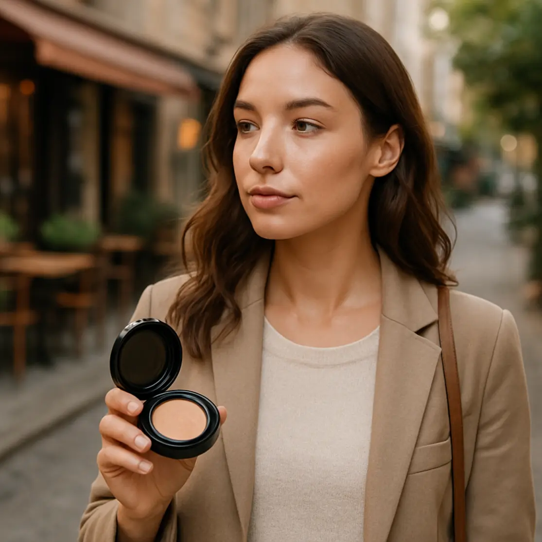 Mulher em 3/4 na rua mostrando um compacto cushion, pele luminosa e maquiagem leve