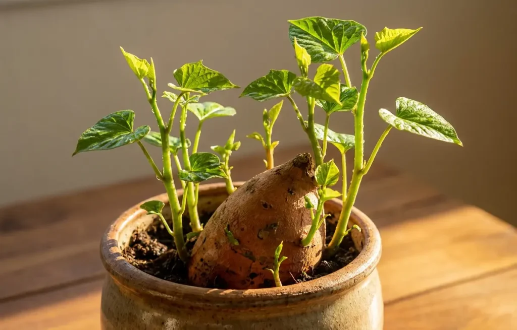 Vaso com batata-doce e brotos verdes em mesa de madeira, iluminação quente