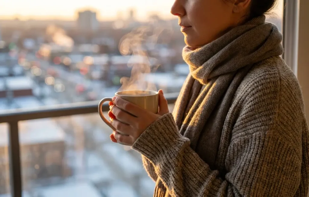 Pessoa em perfil 3/4 com suéter e caneca de chá quente em varanda iluminada, tons quentes de inverno