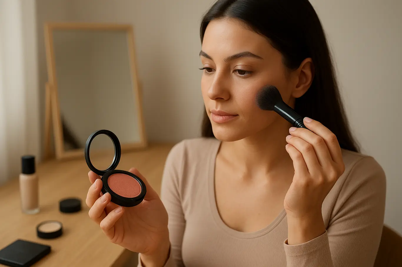 Plano médio de mão aplicando blush em pó com estojo aberto e espelho desfocado