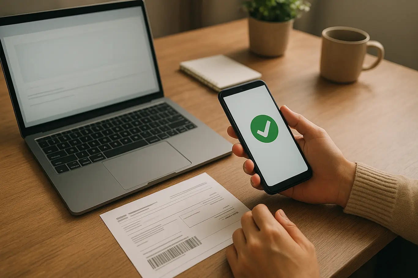 Mesa de escritório com laptop, boleto desfocado e smartphone com selo de confirmação verde, mãos em movimento
