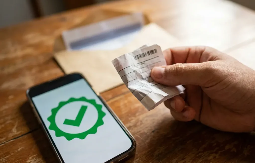 Close-up de mãos segurando um boleto com smartphone mostrando um selo verde de confirmação, fundo desfocado