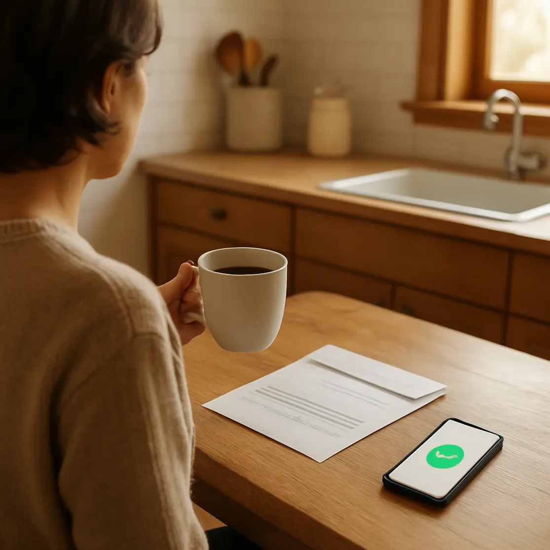 Cena ambiental na cozinha com pessoa de costas, boleto desfocado e smartphone com selo de confirmação verde sobre a mesa