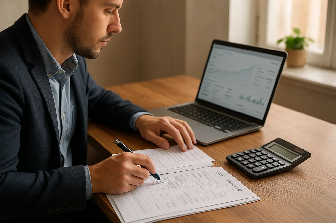 Plano médio de empreendedor trabalhando em laptop com boletos e calculadora