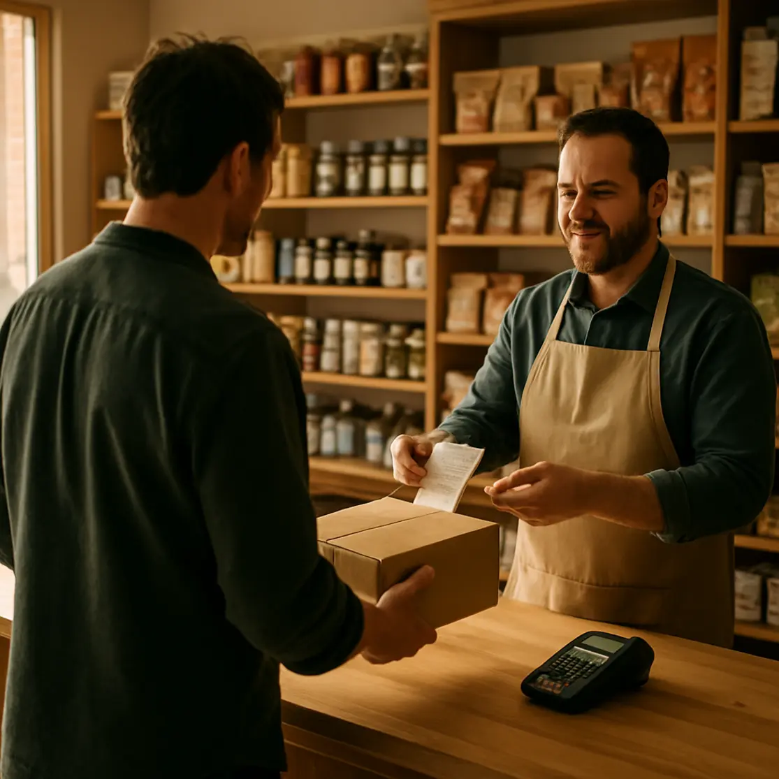 Loja pequena com cliente recebendo encomenda e comprovante de pagamento