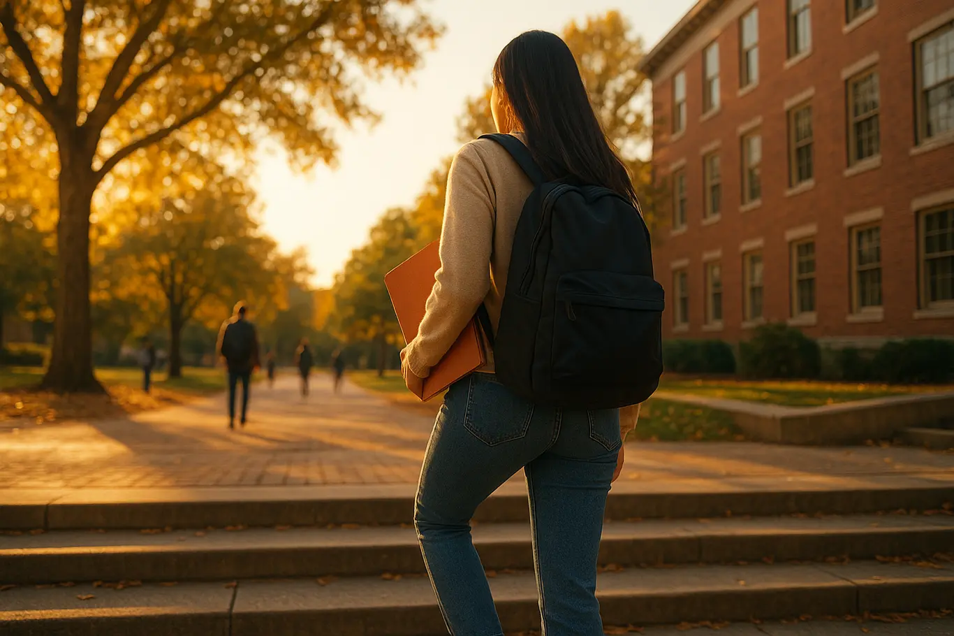 Estudante subindo escadaria do campus com pasta e mochila, vista ampla
