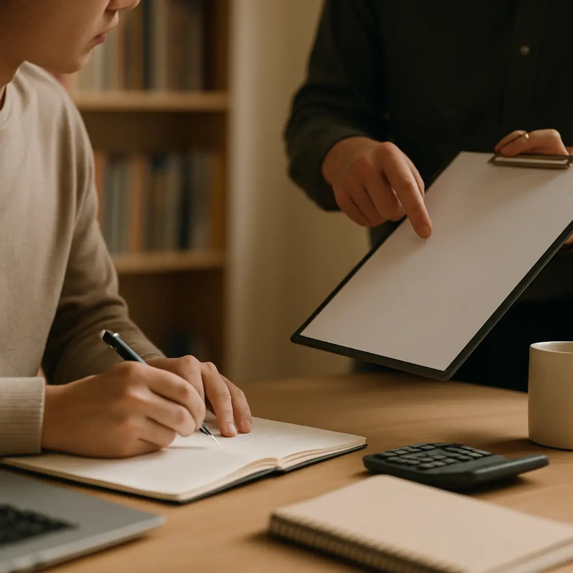Cena sobre o ombro de estudante e orientador revisando documentos em sala de estudo