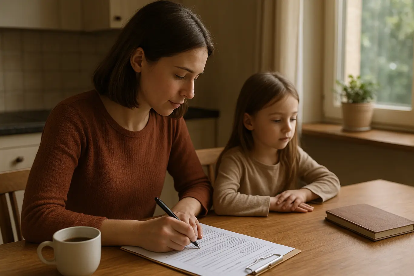 Mulher e criança em cozinha preenchendo formulário de inscrição, perspectiva lateral