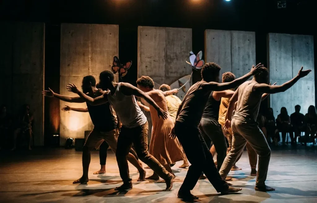 Elenco majoritariamente negro em formação no palco do Teatro dos Bancários, visto de perfil e de costas, com cenografia de concreto