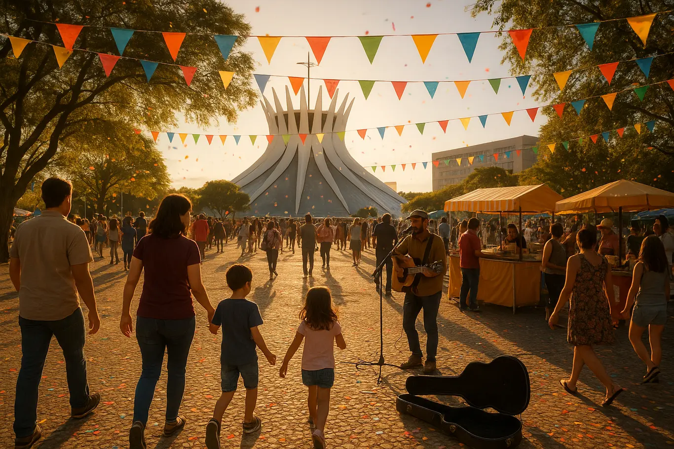 Praça com músicos, barracas e famílias ao entardecer perto da Catedral de Brasília durante programação gratuita