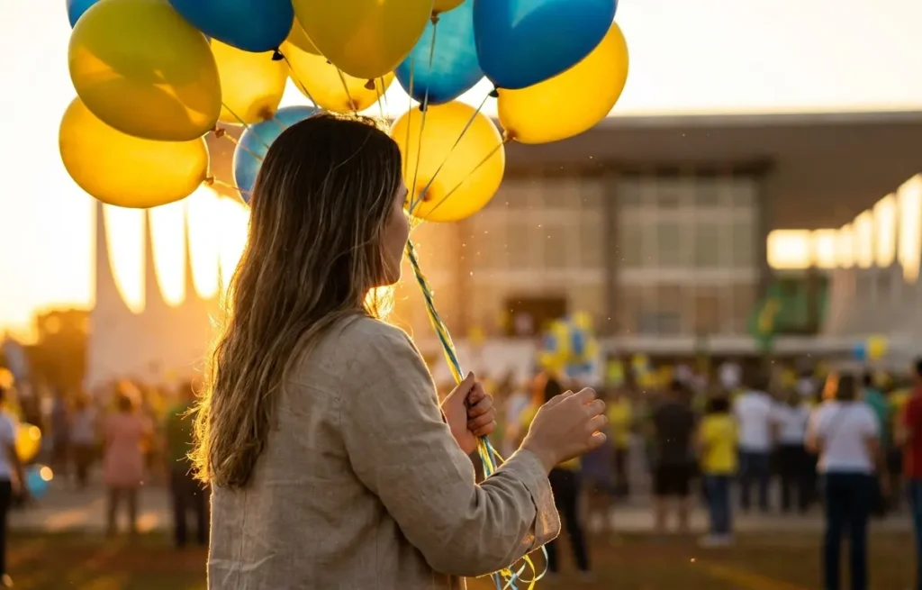 Pessoa de três quartos segurando balões amarelos e azuis com a Esplanada ao pôr do sol, celebração do aniversário de Brasília