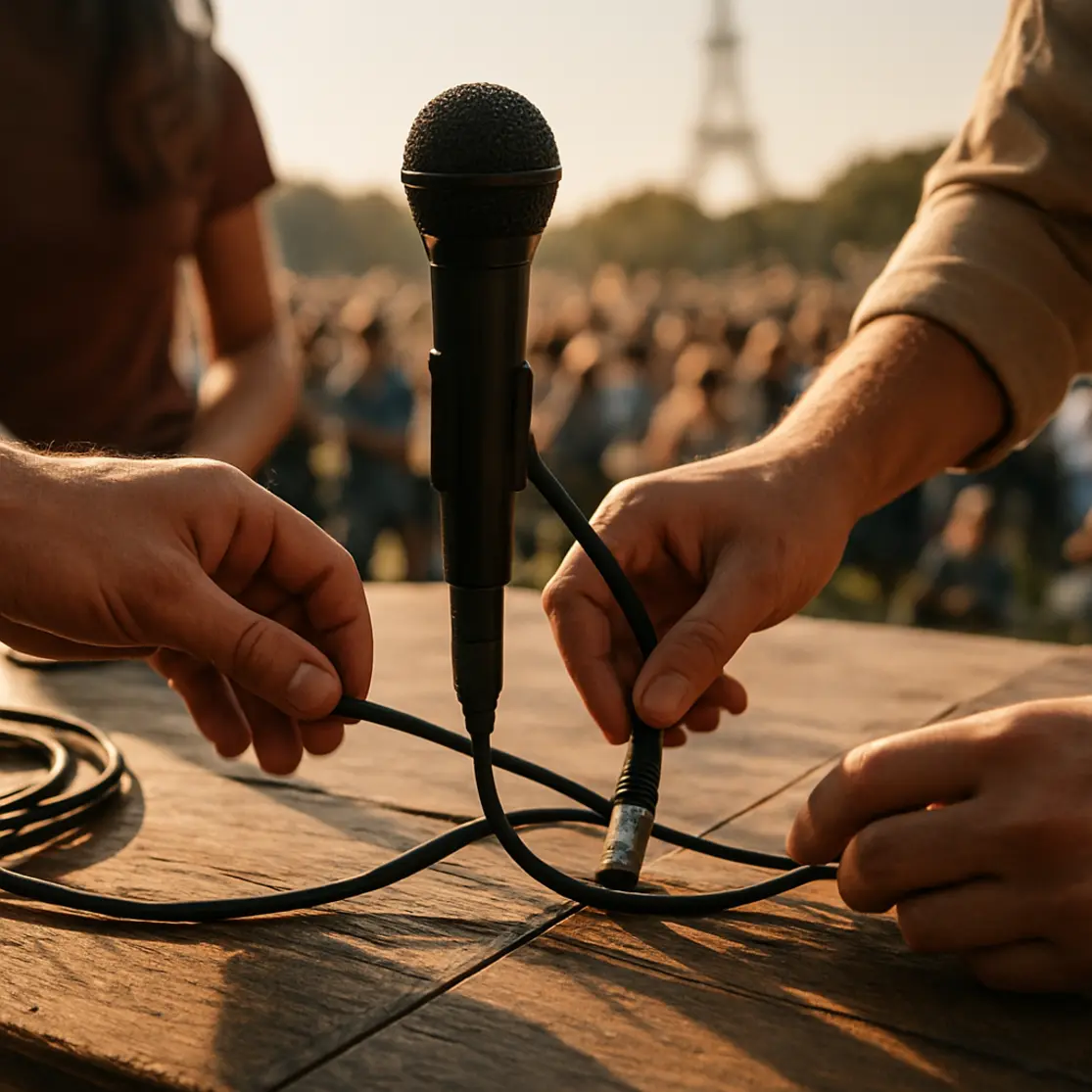 Detalhe das mãos de voluntários ajustando microfone no palco com público desfocado ao fundo durante o aniversário de Brasília