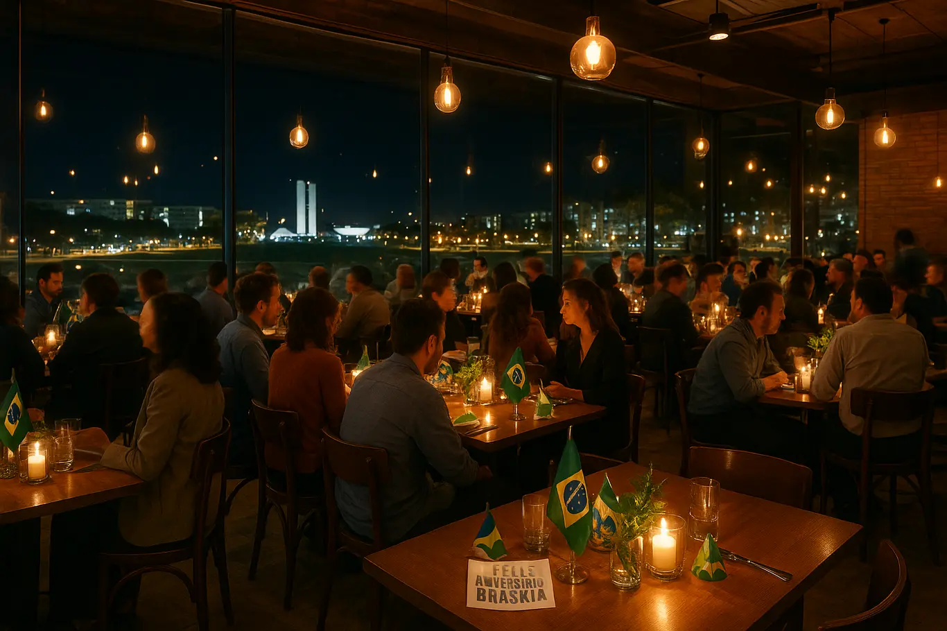 Salão de restaurante com mesas cheias e vista para a Esplanada à noite