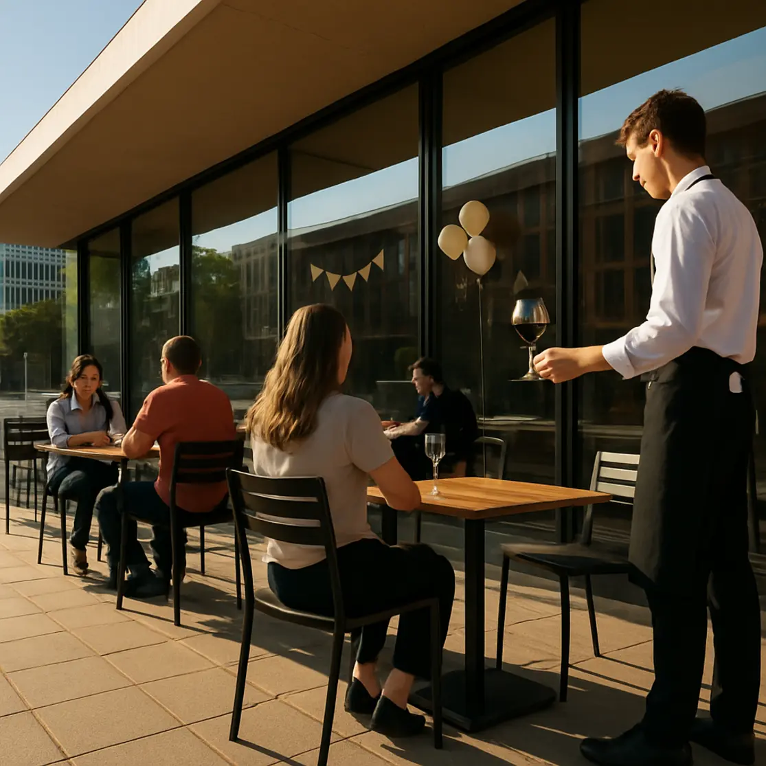 Fachada e área externa de restaurante com mesas e decoração de aniversário em Brasília