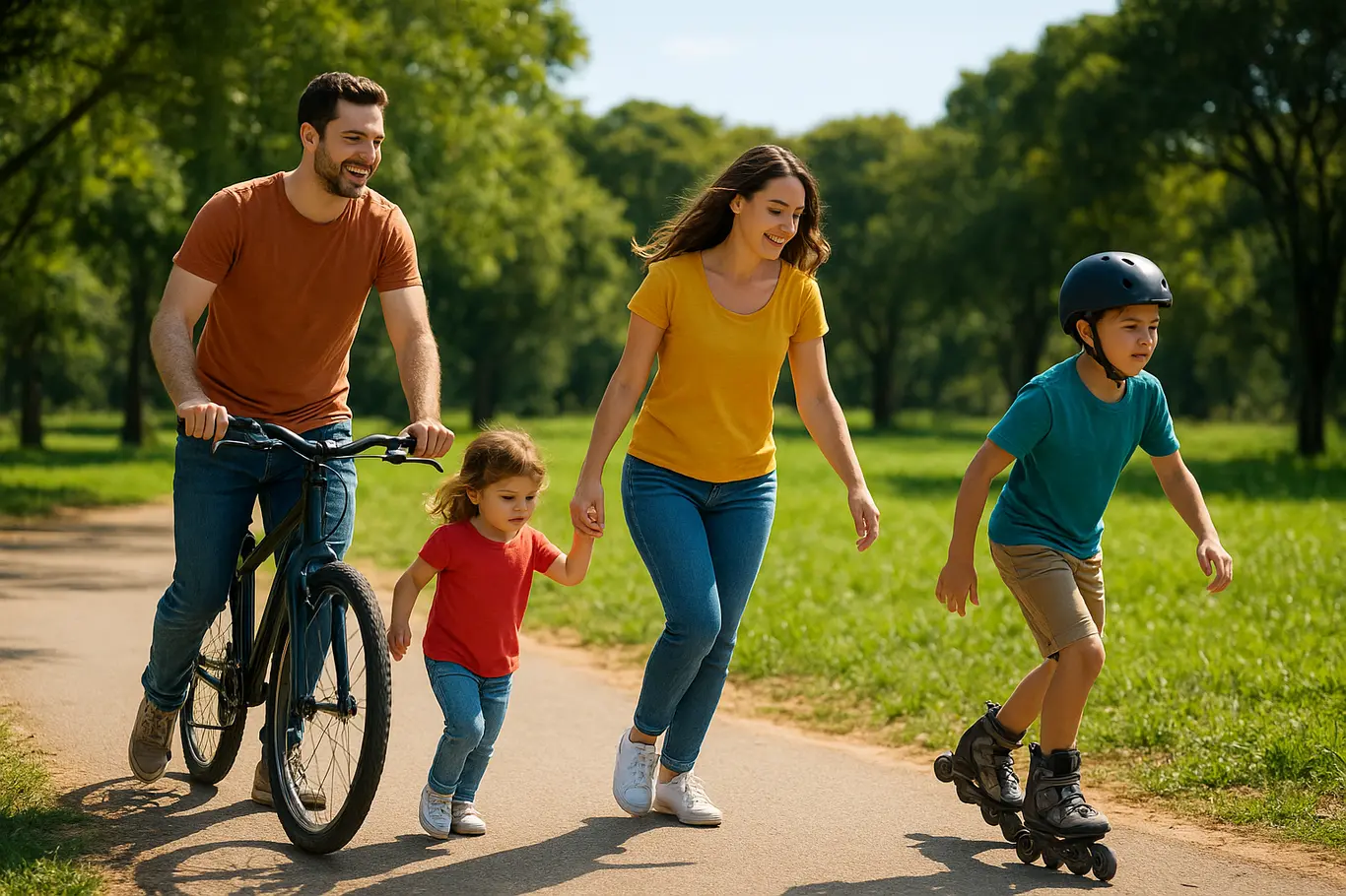 Família em perfil andando de bicicleta e patins no Parque da Cidade em Brasília.