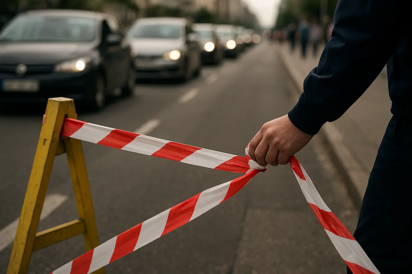 Barreira e fitas de interdição na calçada com carros ao fundo