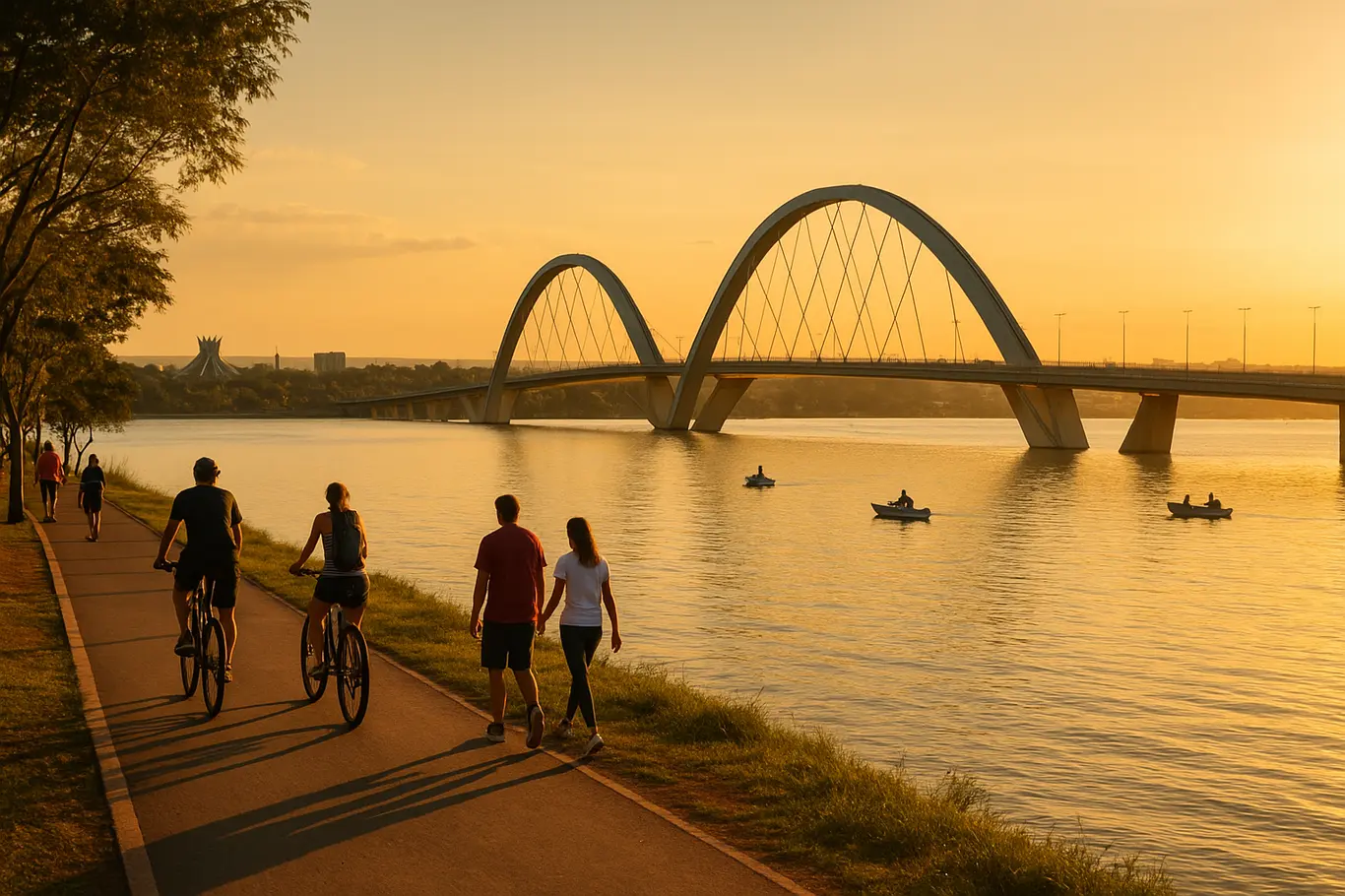 Vista ampla do Lago Paranoá com Ponte JK, ciclistas e pedestres ao entardecer