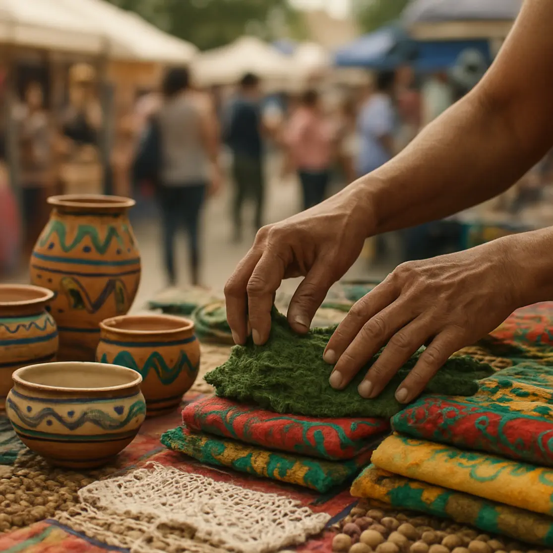 Close-up das mãos de um vendedor organizando artesanato em feira de Brasília