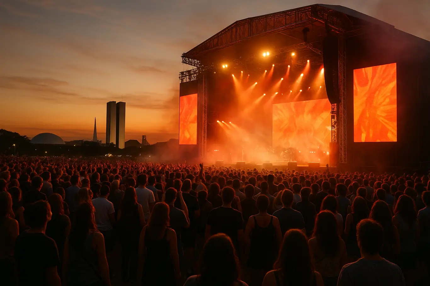 Vista lateral ampla do palco iluminado e da plateia nos shows do aniversário de Brasília 2026 ao entardecer