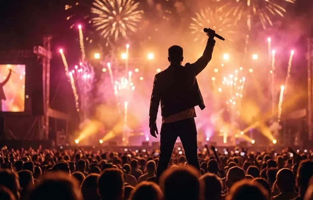 Silhueta de artista no palco durante shows de aniversário de Brasília 2026 com fogos e luzes quentes