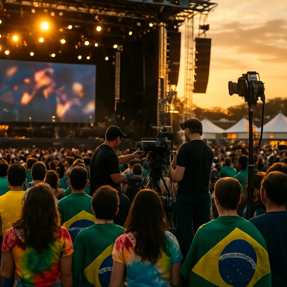 Equipe técnica nos bastidores e fãs de costas com bandeiras nos shows do aniversário de Brasília 2026