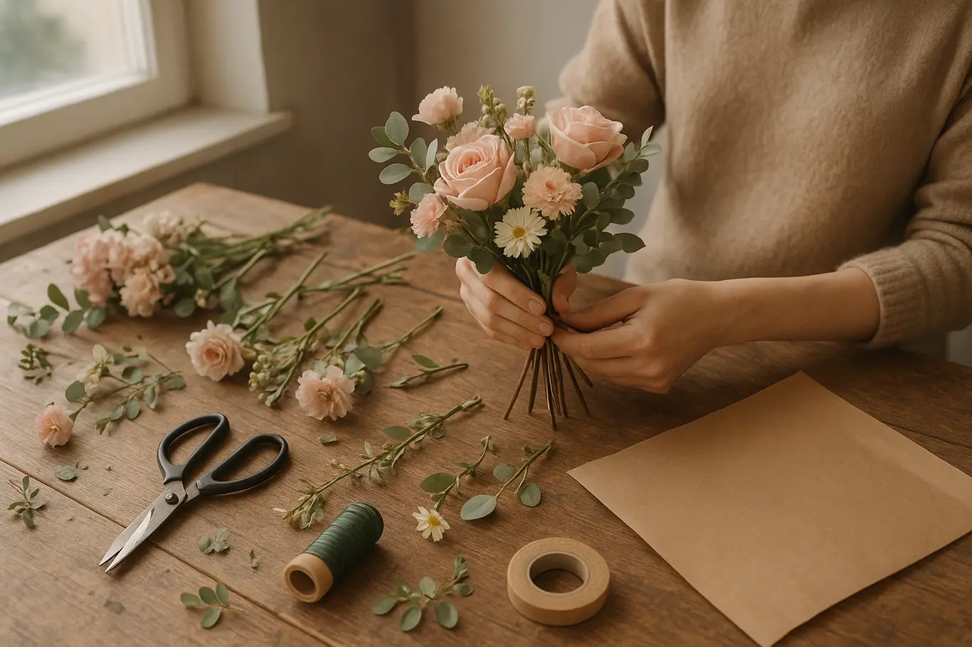 Bancada com ferramentas e mãos montando buquê de flores artificiais