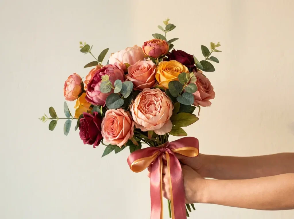 Buquê de flores artificiais vibrantes segurado por mãos, fundo neutro