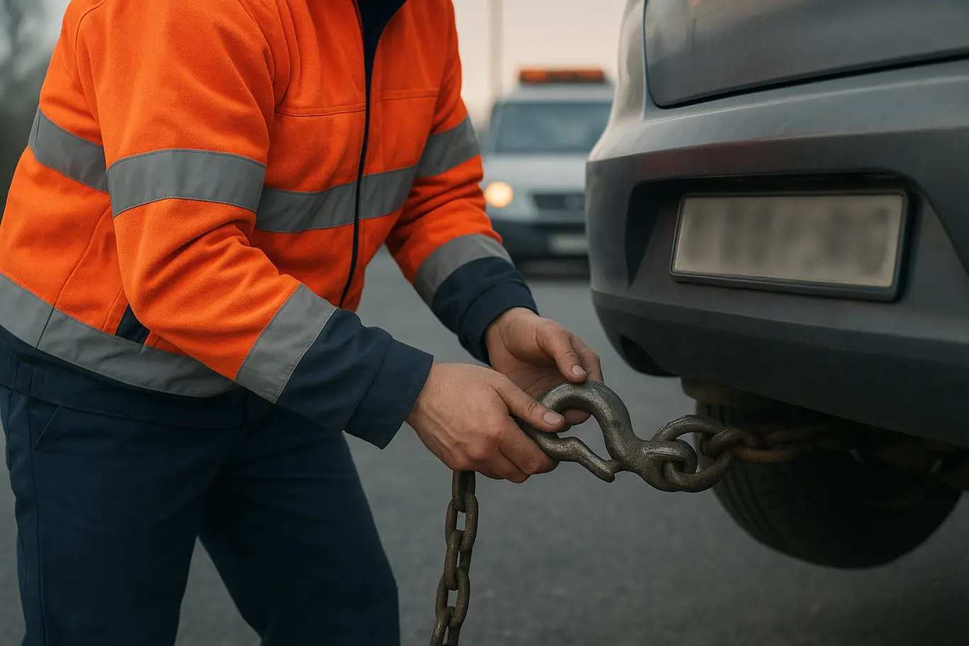 Técnico de reboque em 3/4 ajustando o gancho no veículo para remoção
