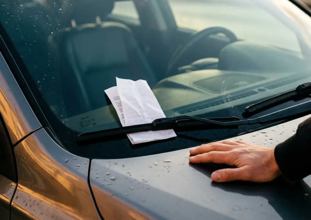 Folha de notificação presa no limpador do para-brisa de um carro visto em três-quartos