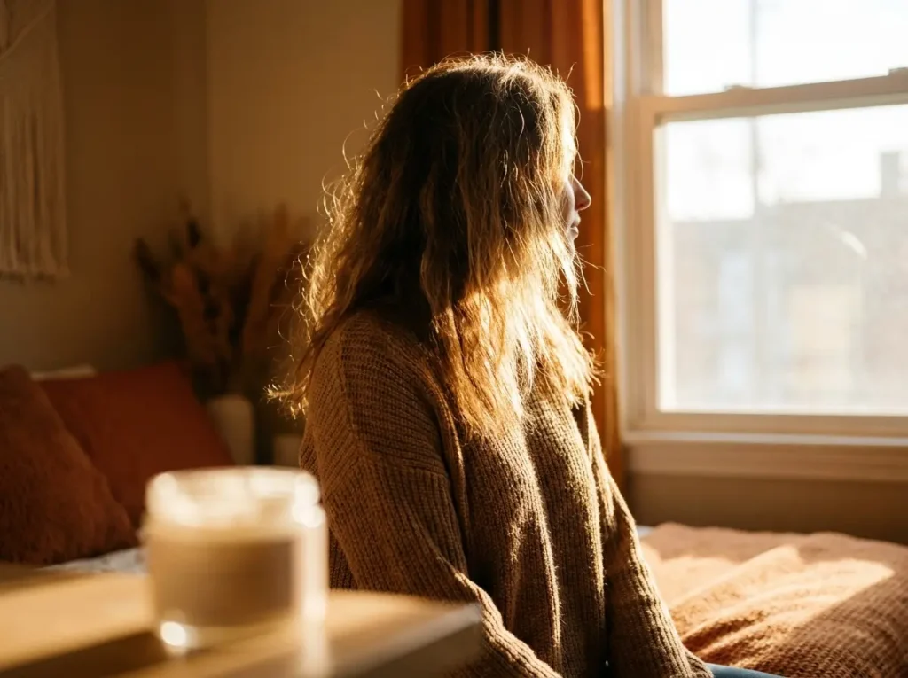 Mulher de 3/4 com cabelo ressecado ao lado de janela com luz quente
