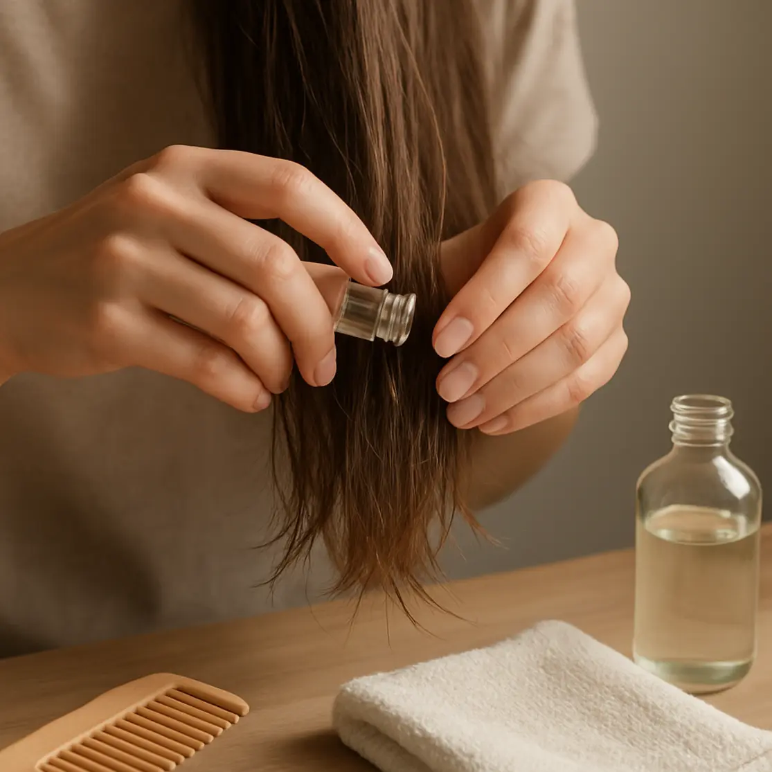 Mãos aplicando óleo nas pontas secas do cabelo com pente e toalha ao lado