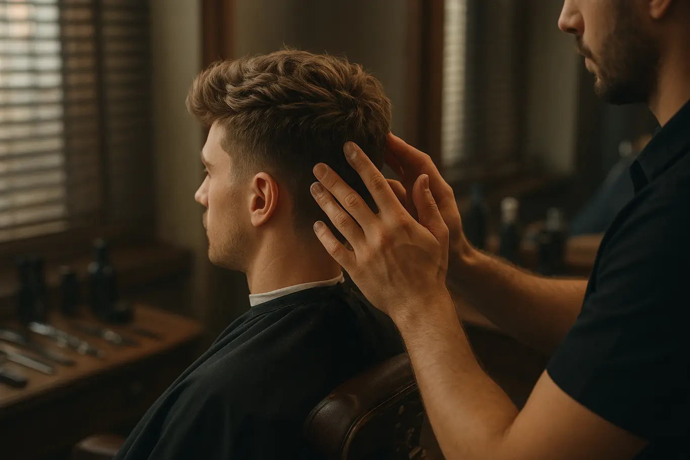 Plano médio de homem na barbearia com barbeiro modelando a textura do cabelo, visão lateral sem rosto nítido