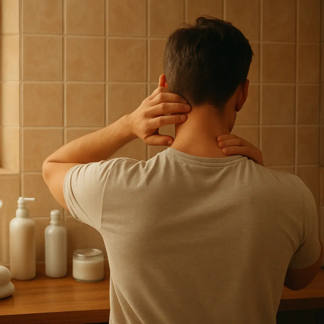 Cena ambiental mostrando bancada com produtos de cabelo e homem aplicando produto na nuca, vista de costas