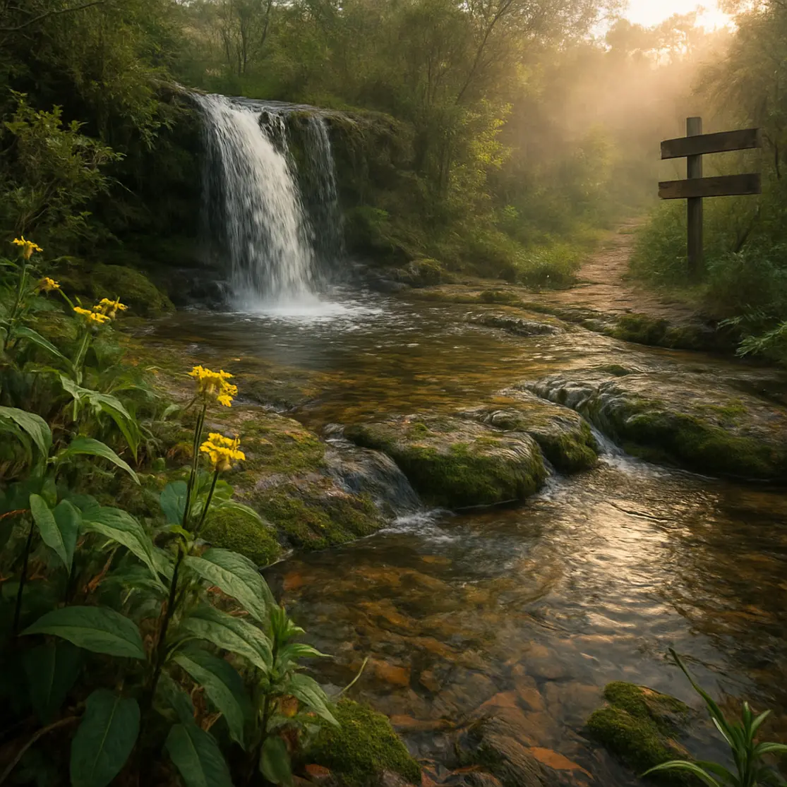 Poço raso e rochas cobertas de musgo perto de uma cachoeira no cerrado